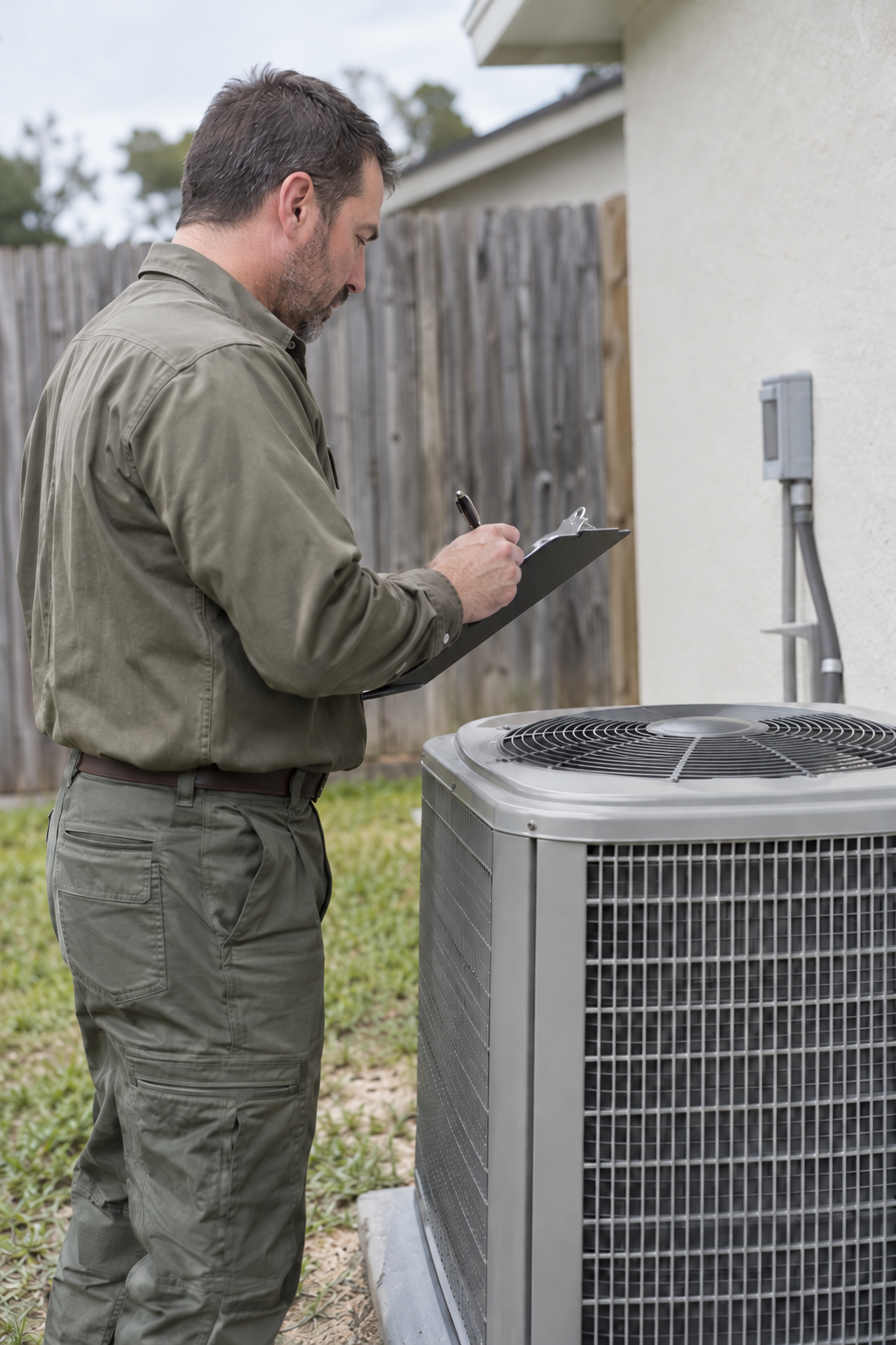 Technician writing on a clipboard beside an outdoor air conditioner condenser