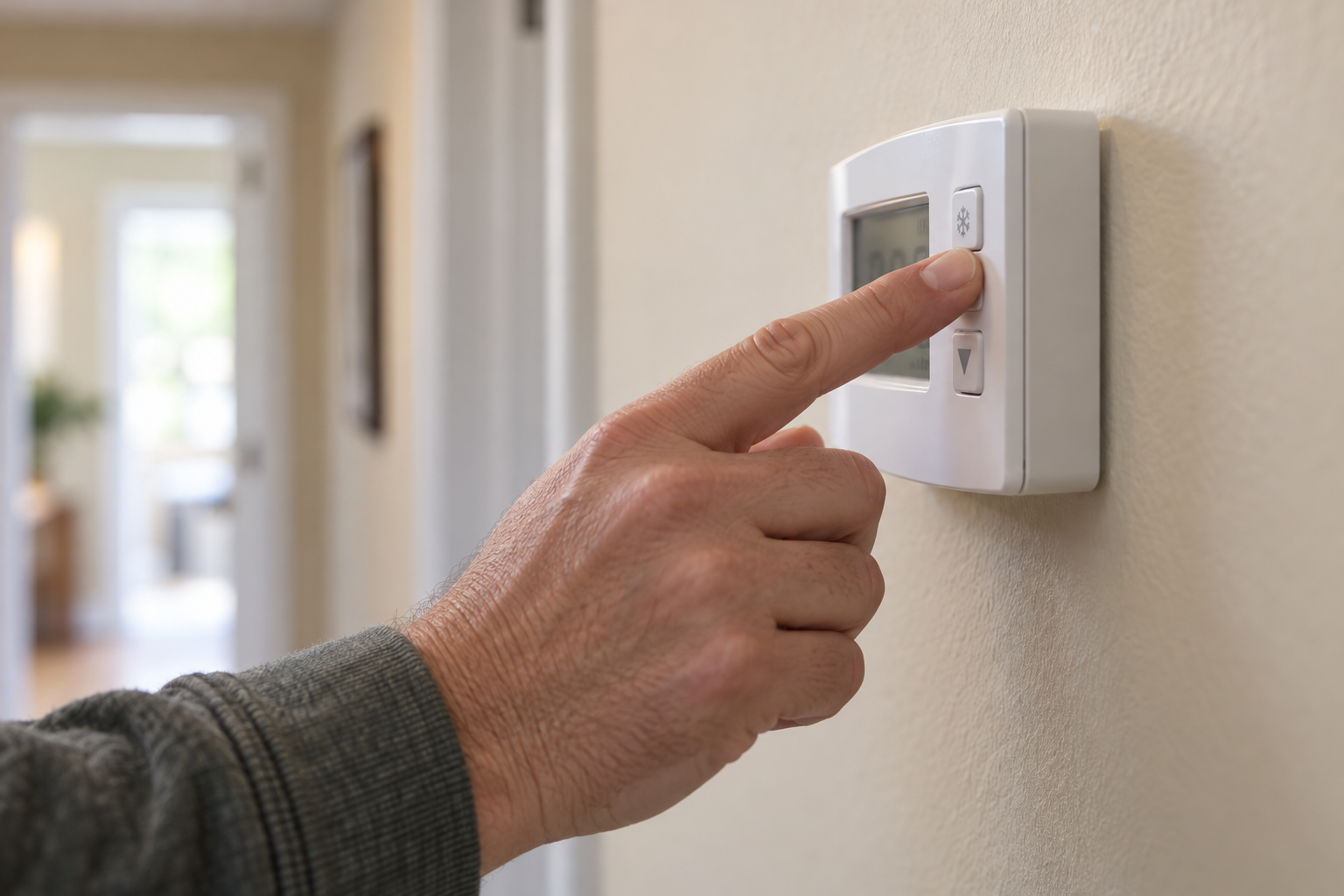 Hand pressing the cool setting on a thermostat in a hallway