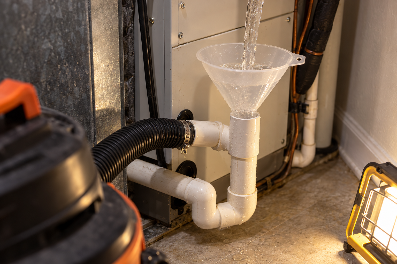 Condensate drain line being flushed at the base of an indoor air handler