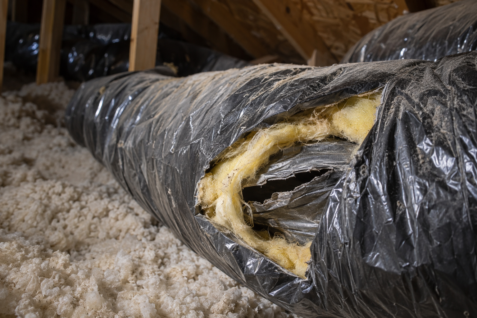 Torn flex duct lying open on attic insulation with dust around the tear
