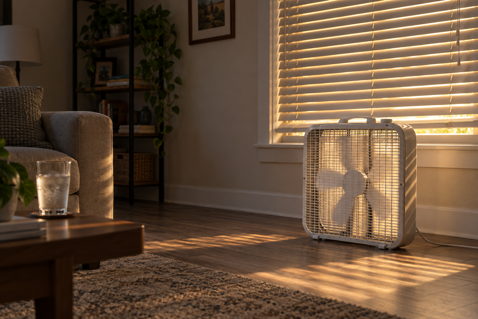 Box fan running in a dim living room in front of drawn blinds with late sun between the slats
