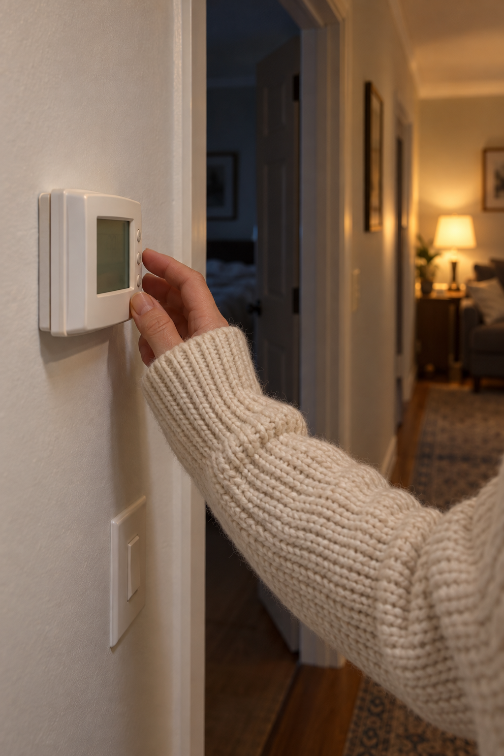 Hand in a knit sweater sleeve at a hallway thermostat on a cold evening