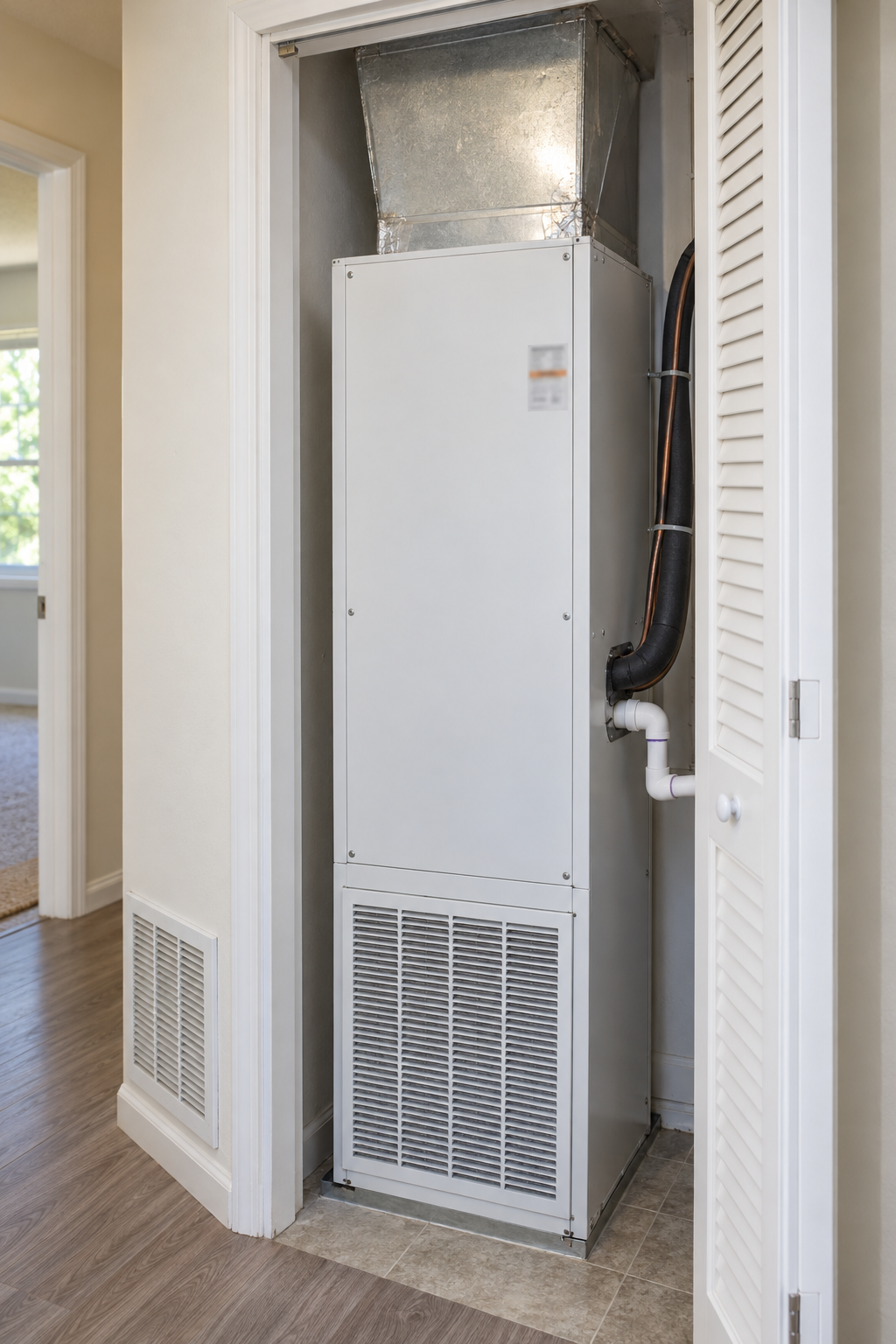 A new air handler standing in a utility closet with insulated copper lines and a white drain pipe running from it