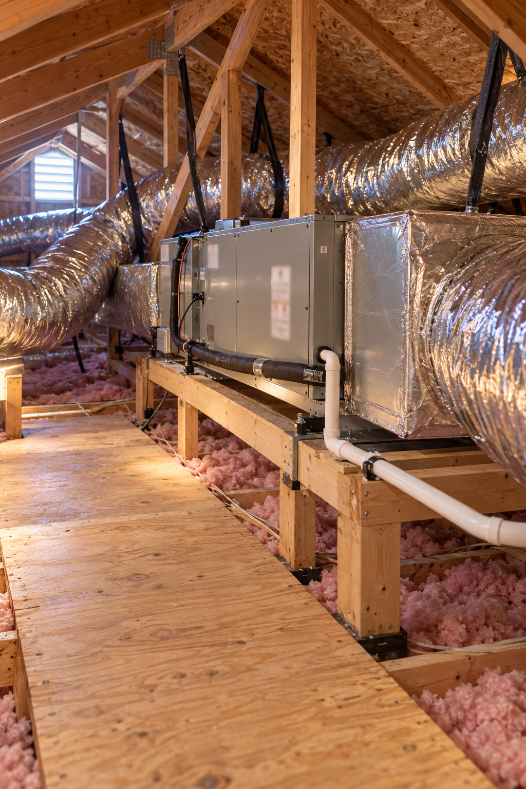 A horizontal air handler on an attic platform with insulated flexible ducts running across the joists
