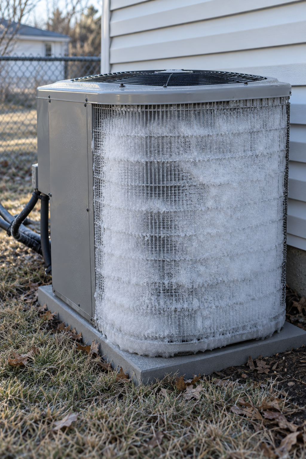 Heat pump outdoor unit with its coil fins frosted over white on a cold morning