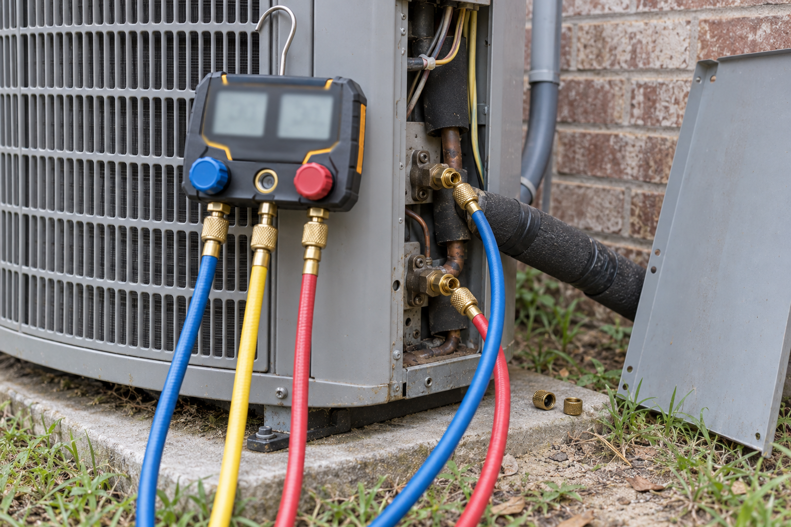 Refrigerant gauges connected to the service valves of an outdoor condenser