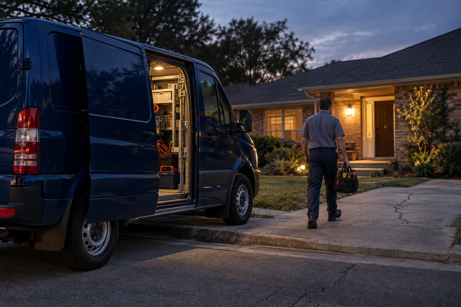 Service van with its side door open at dusk and a technician walking toward a house