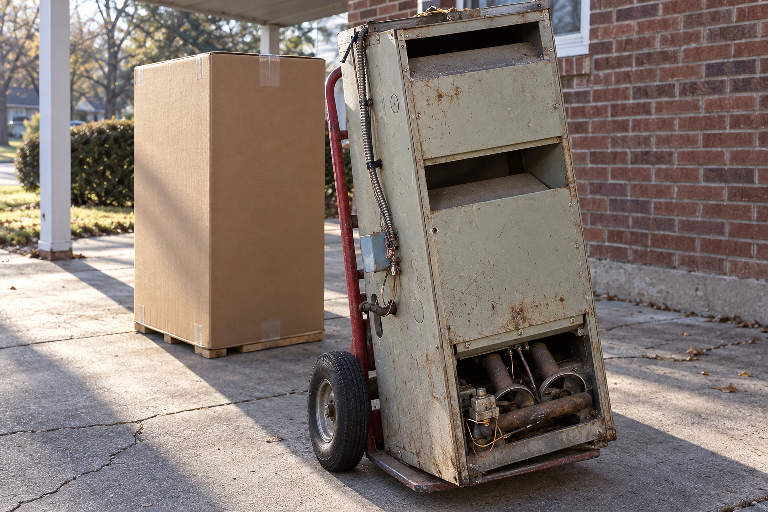 Old rusted gas furnace on a hand truck beside a new boxed furnace on a driveway