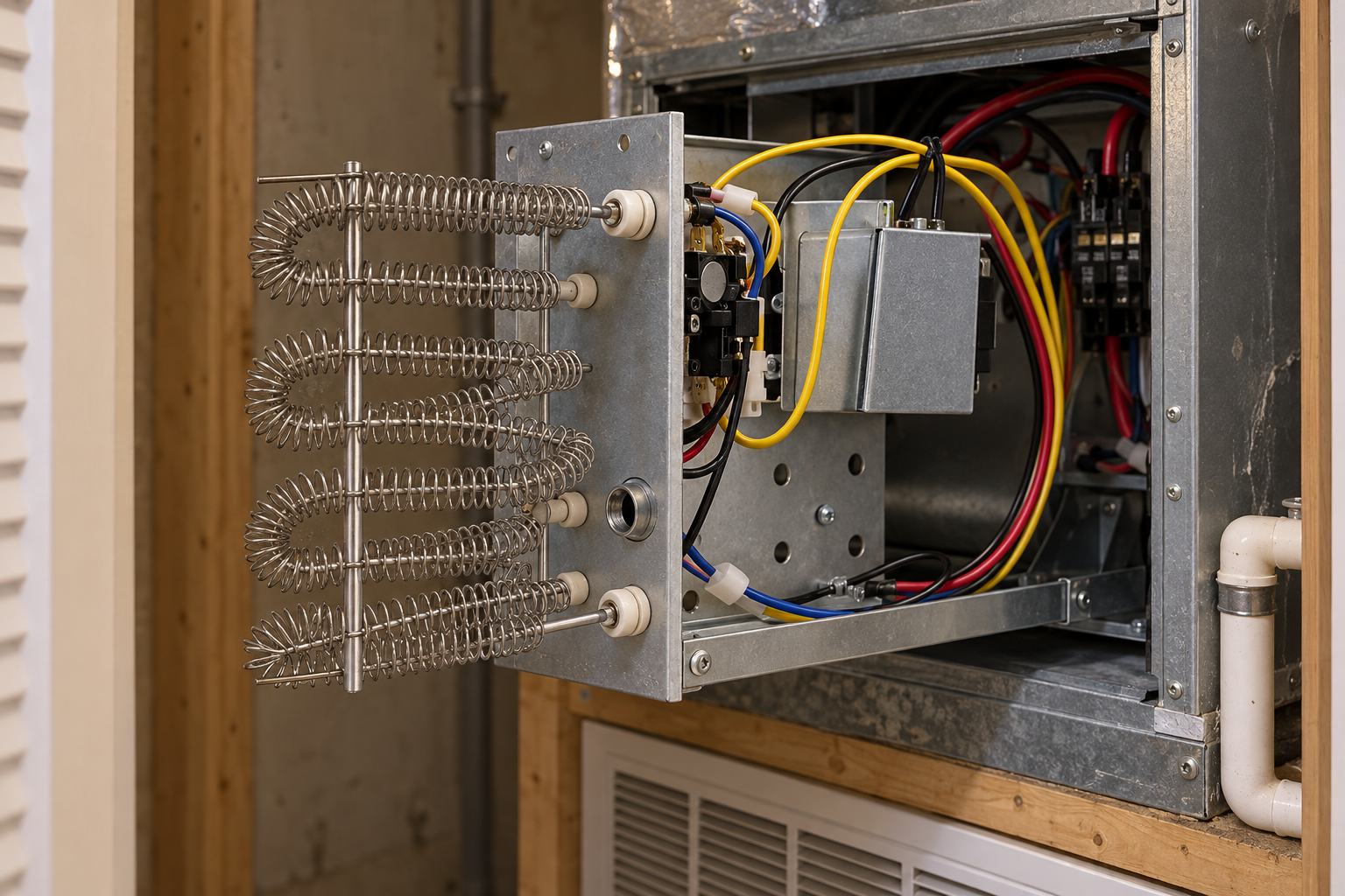 Electric heat strip assembly pulled out of an open air handler