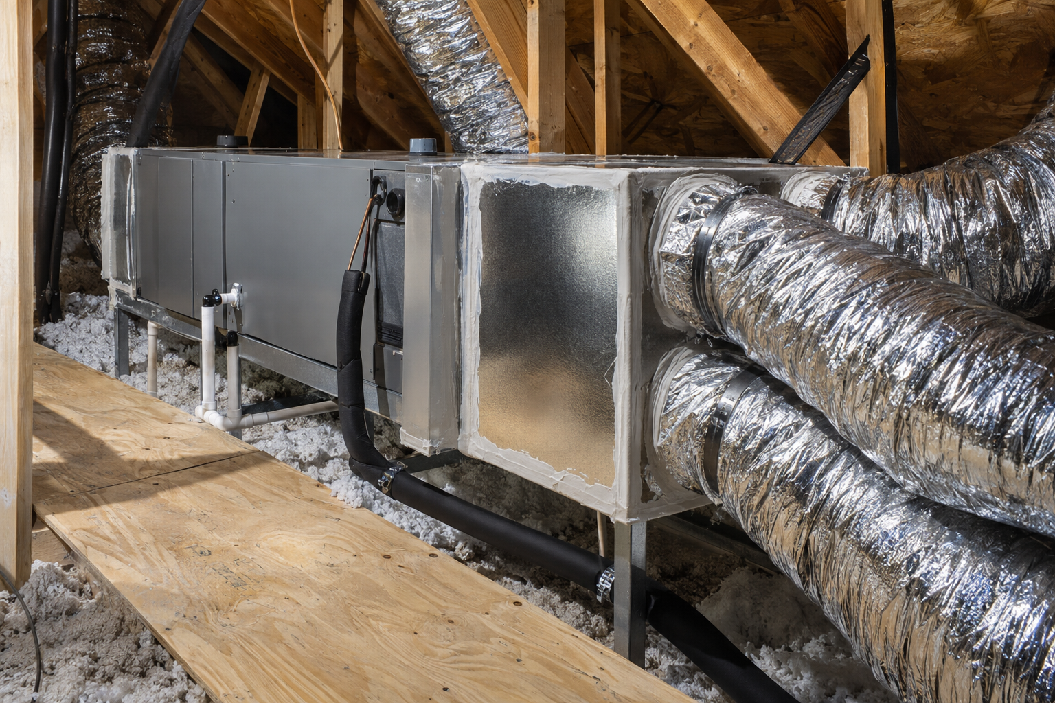 New horizontal air handler in an attic with a sealed plenum and fresh flex duct runs