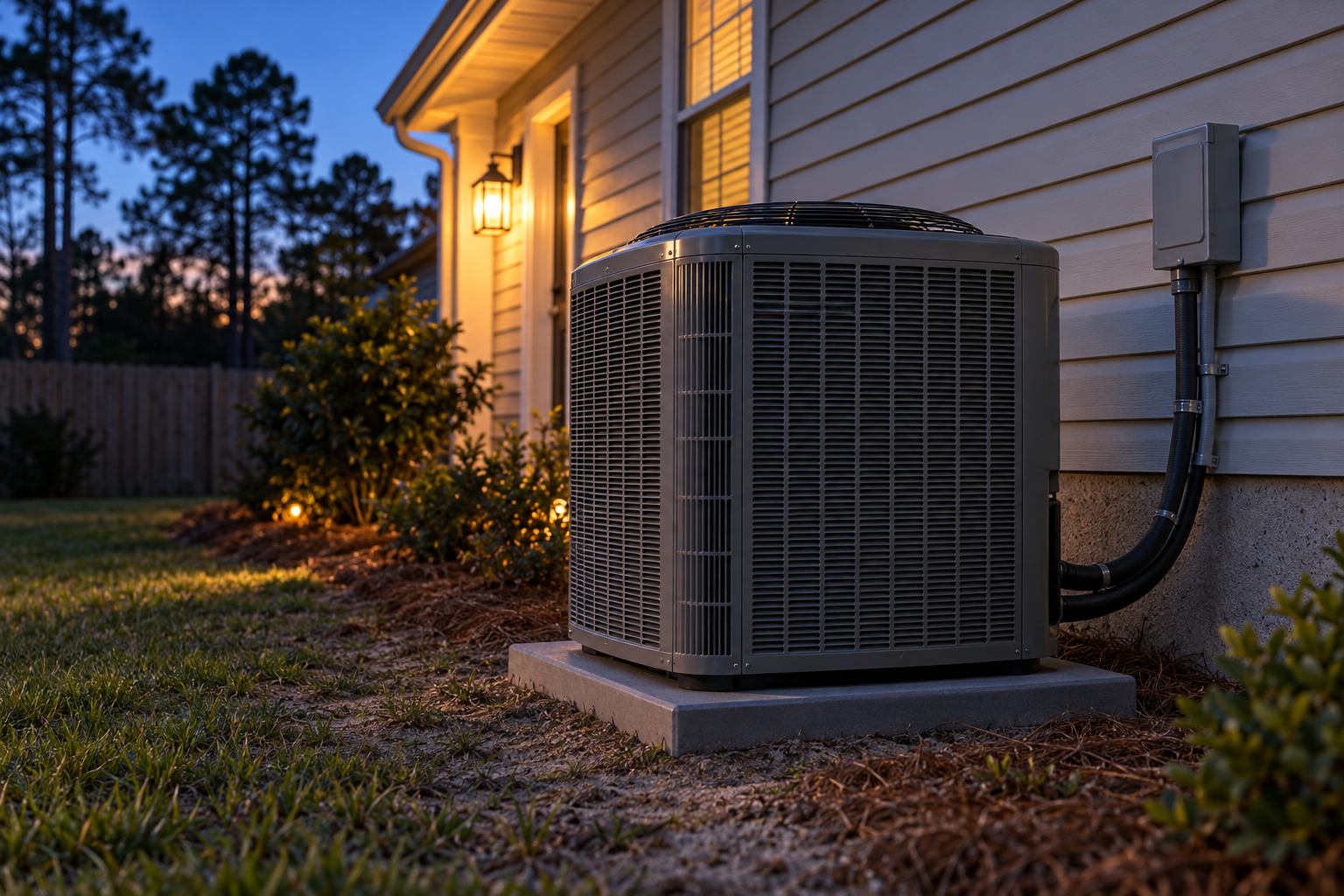 Outdoor condenser on a pad beside a house at dusk with a porch light behind it