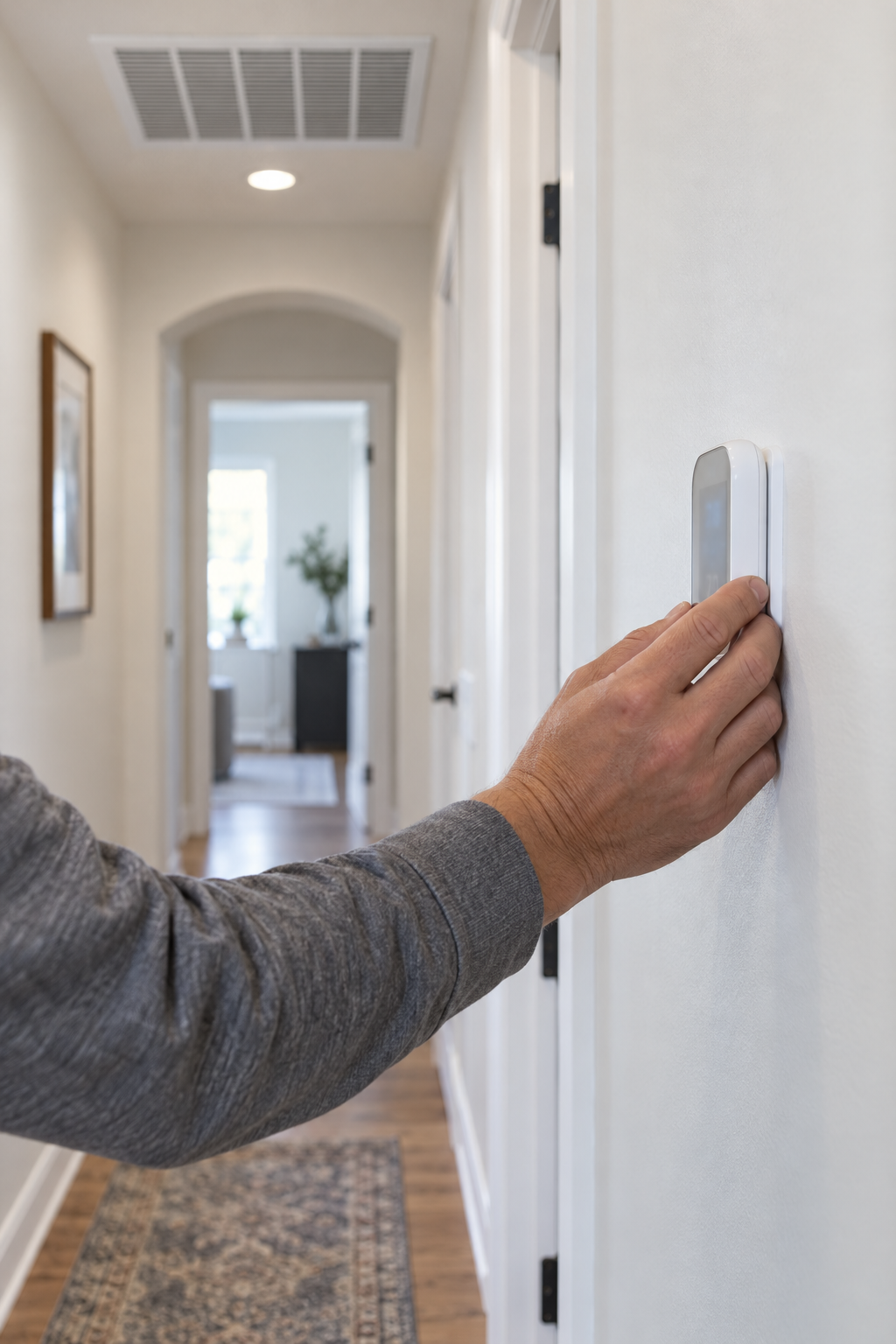Hand setting up a new thermostat on a freshly painted hallway wall