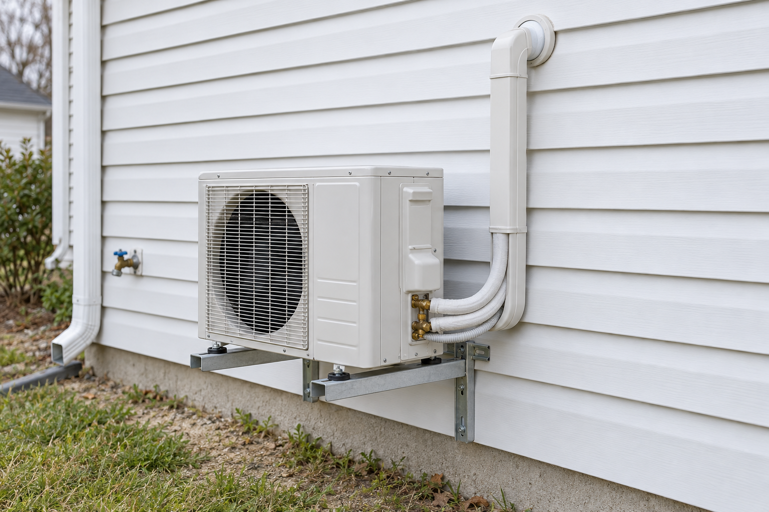 Insulated line set running from a wall sleeve down to a mini split outdoor unit on wall brackets
